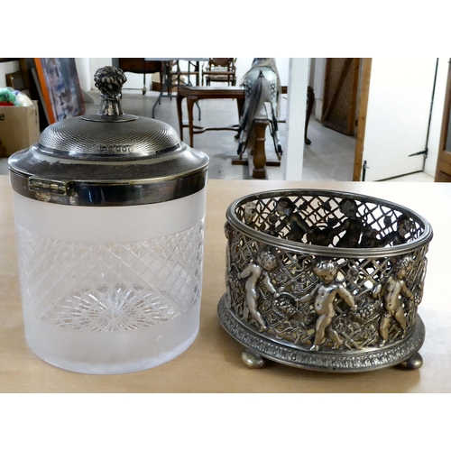 55 - Silver plated tableware: to include a biscuit barrel, set in a cherubic decorated coaster  6