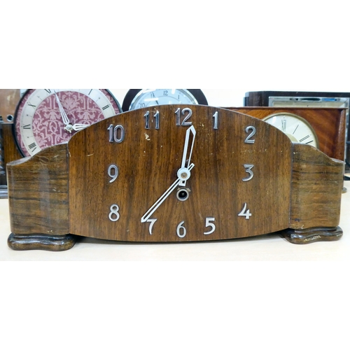 77 - Vintage and later mantel timepieces: to include a Smiths' 8 day example, in a mahogany case  6.... 