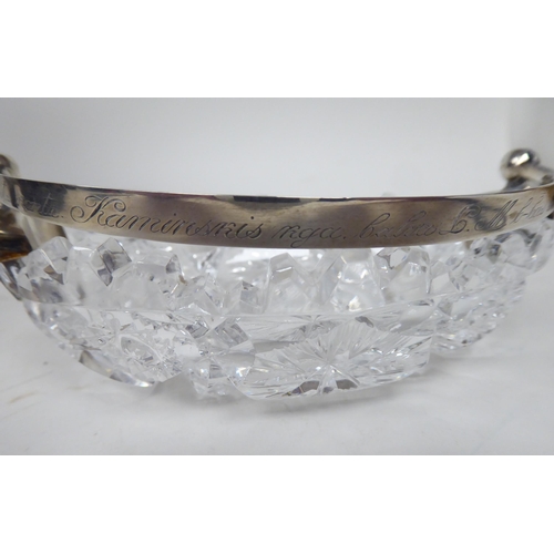 80 - A Russian silver mounted crystal dish of oval form, profusely cut with rosettes and other ornament, ... 