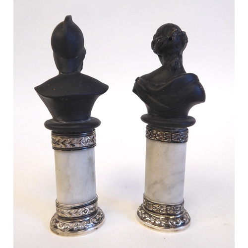 95 - A pair of Wedgwood basalt classical busts, on silver coloured metal pedestals  stamped Wedgwood  3.5... 