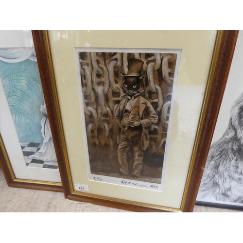 225 - Four framed pictures and prints: to include after R.Molineux - two feline studies  mixed media ... 