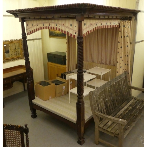 353 - A modern Victorian design mahogany four poster bed with spiral turned columns and a tapestry canopy ... 