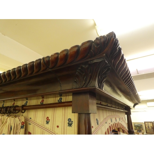 353 - A modern Victorian design mahogany four poster bed with spiral turned columns and a tapestry canopy ... 