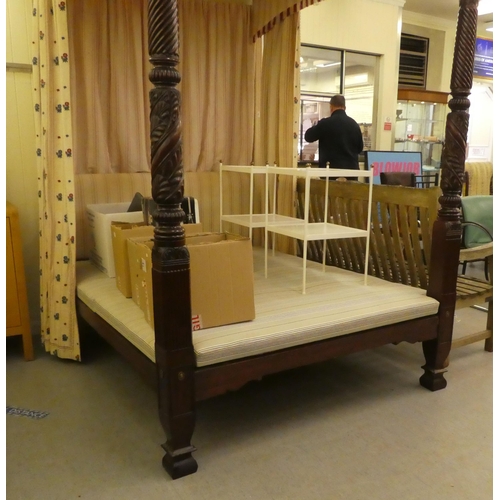 353 - A modern Victorian design mahogany four poster bed with spiral turned columns and a tapestry canopy ... 