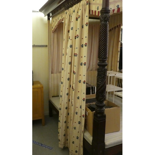 353 - A modern Victorian design mahogany four poster bed with spiral turned columns and a tapestry canopy ... 