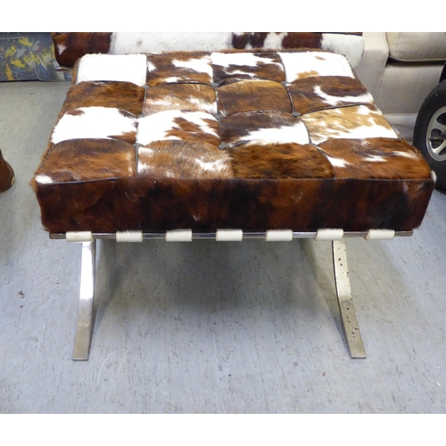 339 - A Barcelona style, chrome finished chair and stool, each with animal skin upholstered cushions