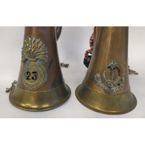 101 - Two almost identical, copper and brass British military bugles