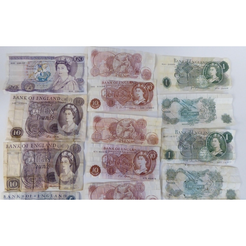 105 - British banknotes: to include 10/-, £1, £5, £10 and £20 notes