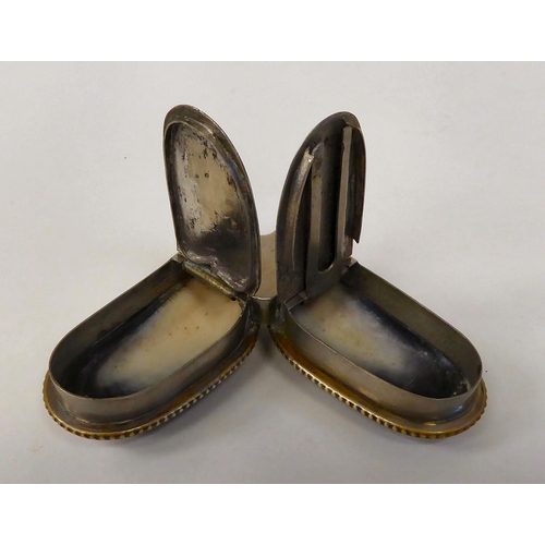 129 - An early 20thC double snuff box, in alloy and mussel shells; and a contemporary vesta case snuff box... 