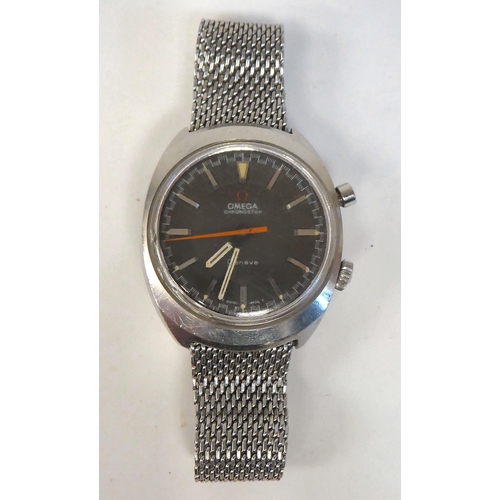 136 - An Omega Chronostop stainless steel cased bracelet wristwatch, faced by a black baton dial with seco... 