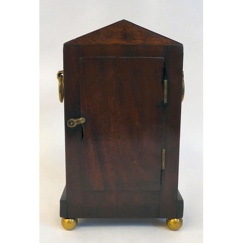 137 - A late Regency mahogany and inlaid brass cased mantel timepiece with a pointed arch top, straight si... 