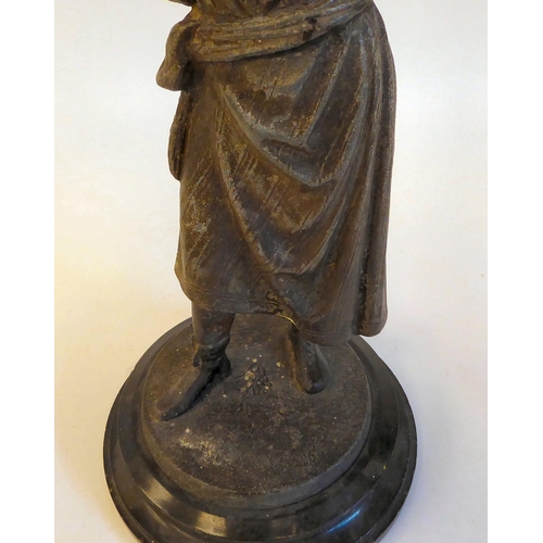 143 - A late 19thC spelter lamp base, a standing figure of a woman with plaits, holding aloft a bowl, on a... 