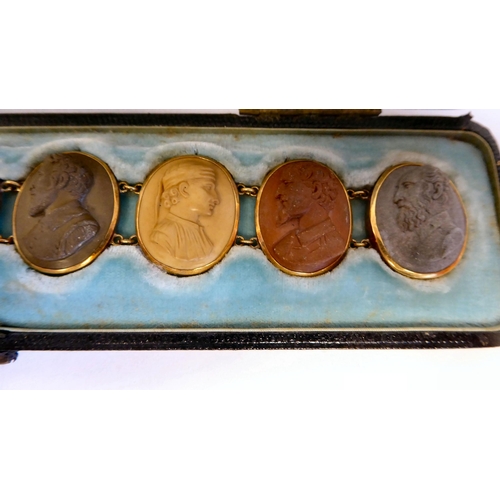 147 - An antique yellow metal mounted, intaglio bracelet, set in various colours with a series of eight ca... 