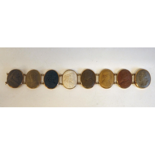 147 - An antique yellow metal mounted, intaglio bracelet, set in various colours with a series of eight ca... 