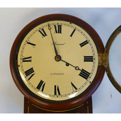 152 - A mid 19thC mahogany cased drop dial timepiece with inlaid brass ornament; the movement with a singl... 