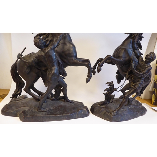 158 - After Coustou - a pair of 19thC cast and patinated bronze Marley horses with attendants  19.5