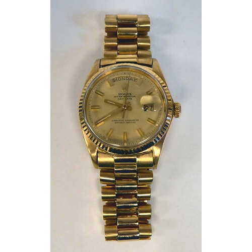 167 - A Rolex Oyster Perpetual Day Date, 18ct gold cased bracelet wristwatch, the Superlitive chronometer ... 