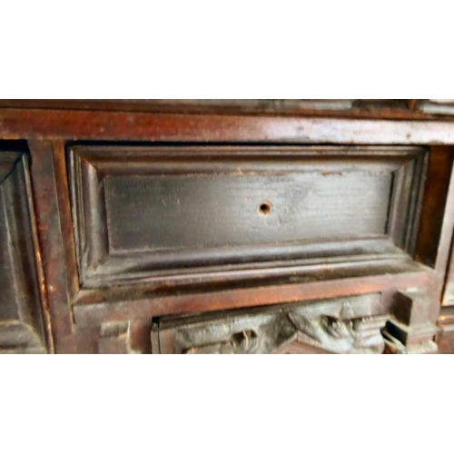 17 - A 17th/18thC Italian fruitwood and pine table/curiosity cabinet, the shelf top over a frieze drawer,... 