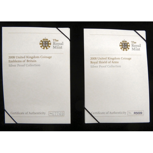 170 - Commemorative proof coins: to include Royal Mint 2008 'Royal Shield of Arms' silver set  cased