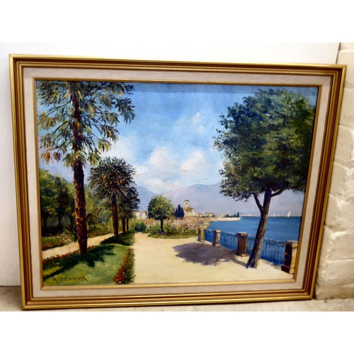 177 - R Devaux - two Continental coastal town studies  oils on canvas  bearing signatures  ... 