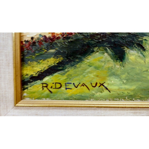 177 - R Devaux - two Continental coastal town studies  oils on canvas  bearing signatures  ... 