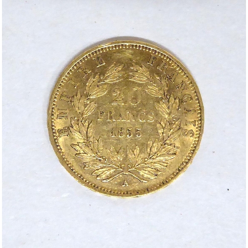 184 - A Napoleon III 1855 20 franc gold coin