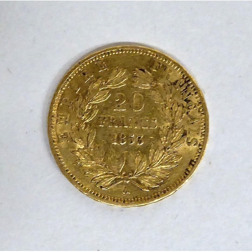 185 - A Napoleon III 1853 20 franc gold coin