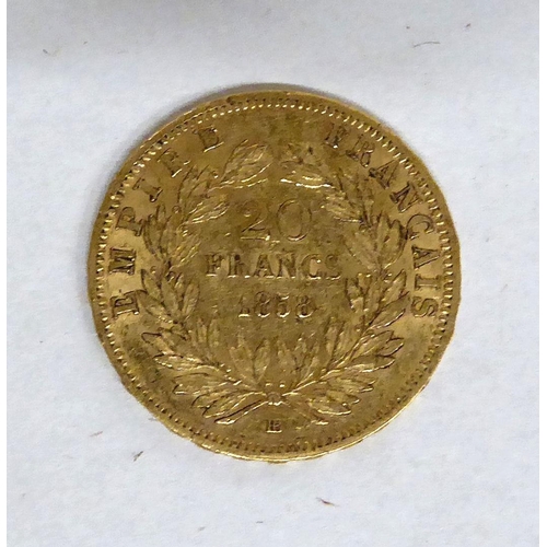 194 - A Napoleon III 1858 20 franc gold coin