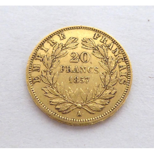 195 - A Napoleon III 1857 20 franc gold coin