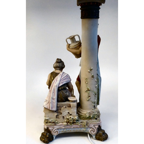 196 - A 20thC Royal Dux ceramic table lamp, fashioned as a Biblical group, depicting a young man and woman... 