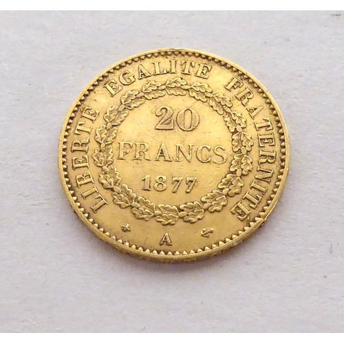 197 - A French Republique 1877 20 franc gold coin