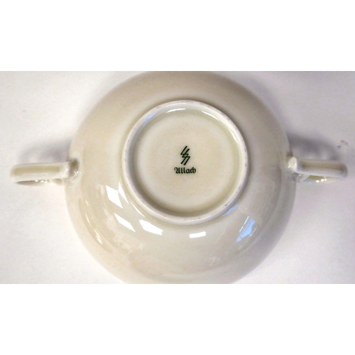 231 - A German Nazi SS Allach twin handled, white porcelain bowl and lid with a knop and emblem  5.75... 