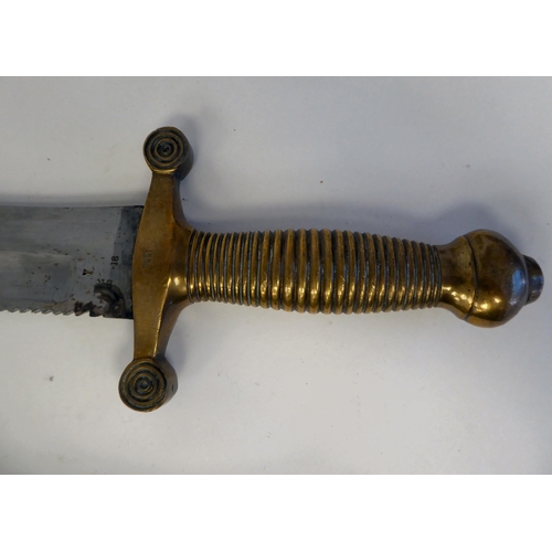 253 - A mid 19thC sawback sword with a ribbed brass, elliptical handgrip and crossguard, the blade 19