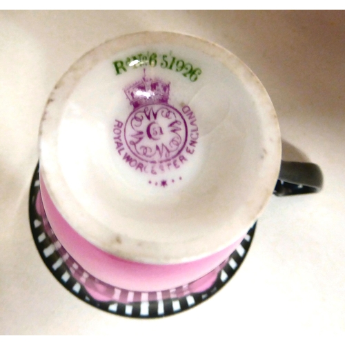 256 - A Royal Worcester china coffee set, decorated in pink with black stripes  bears a date cypher f... 