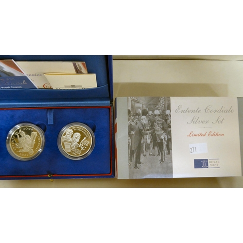 271 - Silver proof collector's coins: to include an Entente Cordiale set