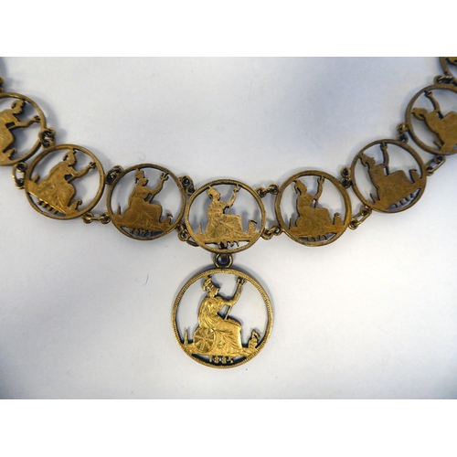 296 - A Victorian yellow metal, cut-out coin necklace, the individual coins separately dated