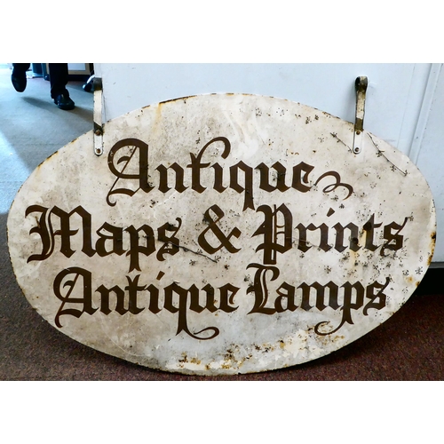 336 - An oval handpainted, external, hanging shop sign 'Antique Maps & Prints Antique Lamps' with the ... 