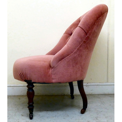 339 - A late Victorian mahogany boudoir chair, upholstered in part buttoned, dusky pink dralon, raised on ... 