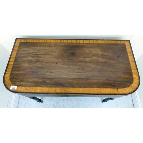 350 - A 19thC mahogany and satinwood inlaid, D-shape card table with a green baize lined interior, raised ... 