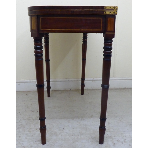 350 - A 19thC mahogany and satinwood inlaid, D-shape card table with a green baize lined interior, raised ... 