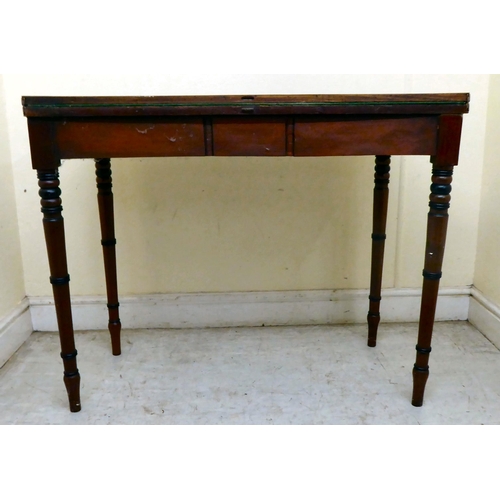 350 - A 19thC mahogany and satinwood inlaid, D-shape card table with a green baize lined interior, raised ... 