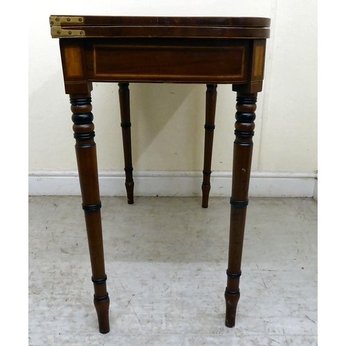 350 - A 19thC mahogany and satinwood inlaid, D-shape card table with a green baize lined interior, raised ... 