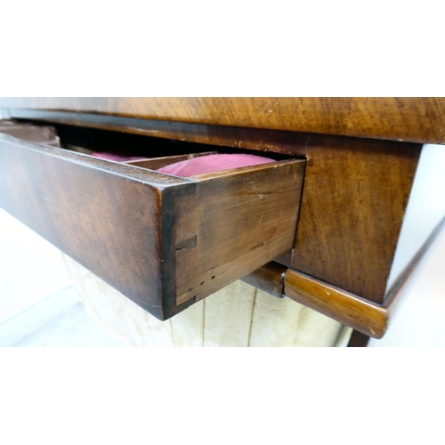 353 - A William IV mahogany work table, the top incorporating a compartmented frieze drawer, over a floral... 