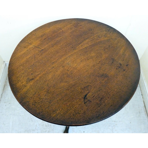 360 - An early 19thC mahogany tip-top pedestal table, over a ring turned column, raised on a cabriole trip... 