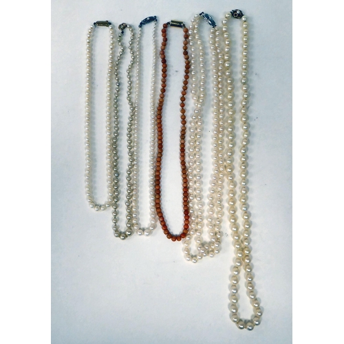 366 - Pearl and bead necklaces: to include some with silver and 9ct gold clasps