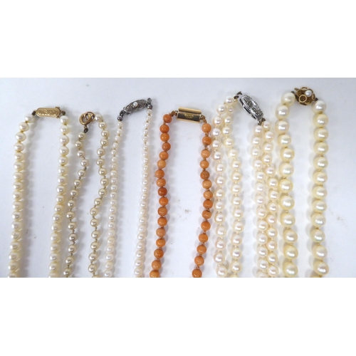 366 - Pearl and bead necklaces: to include some with silver and 9ct gold clasps