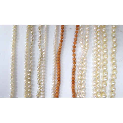 366 - Pearl and bead necklaces: to include some with silver and 9ct gold clasps