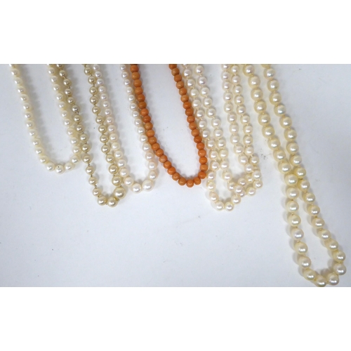 366 - Pearl and bead necklaces: to include some with silver and 9ct gold clasps