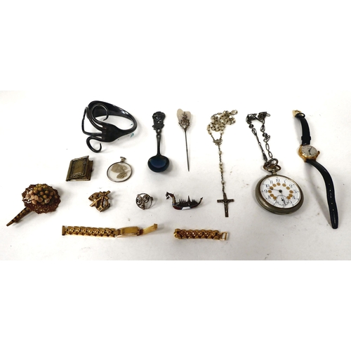 367 - A mixed lot: to include an early 20thC French base metal cased pocket watch, faced by an enamelled A... 