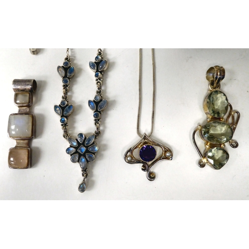 370 - Items of personal ornament: to include stone set, silver coloured metal pendants